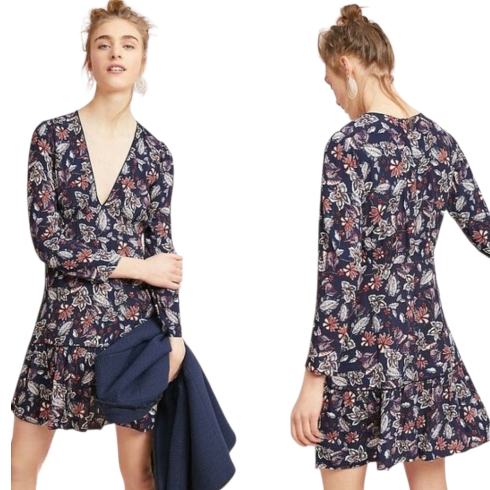 Ella Moss Dress S Women ALine Floral Blue Long Sleeve Faux Wrap Ruffle Hem Fairy